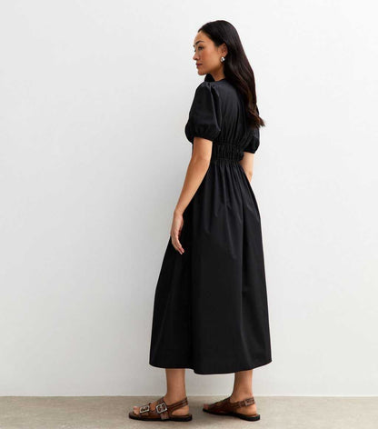 Black V Neck Shired Bodice Bow Front Midi