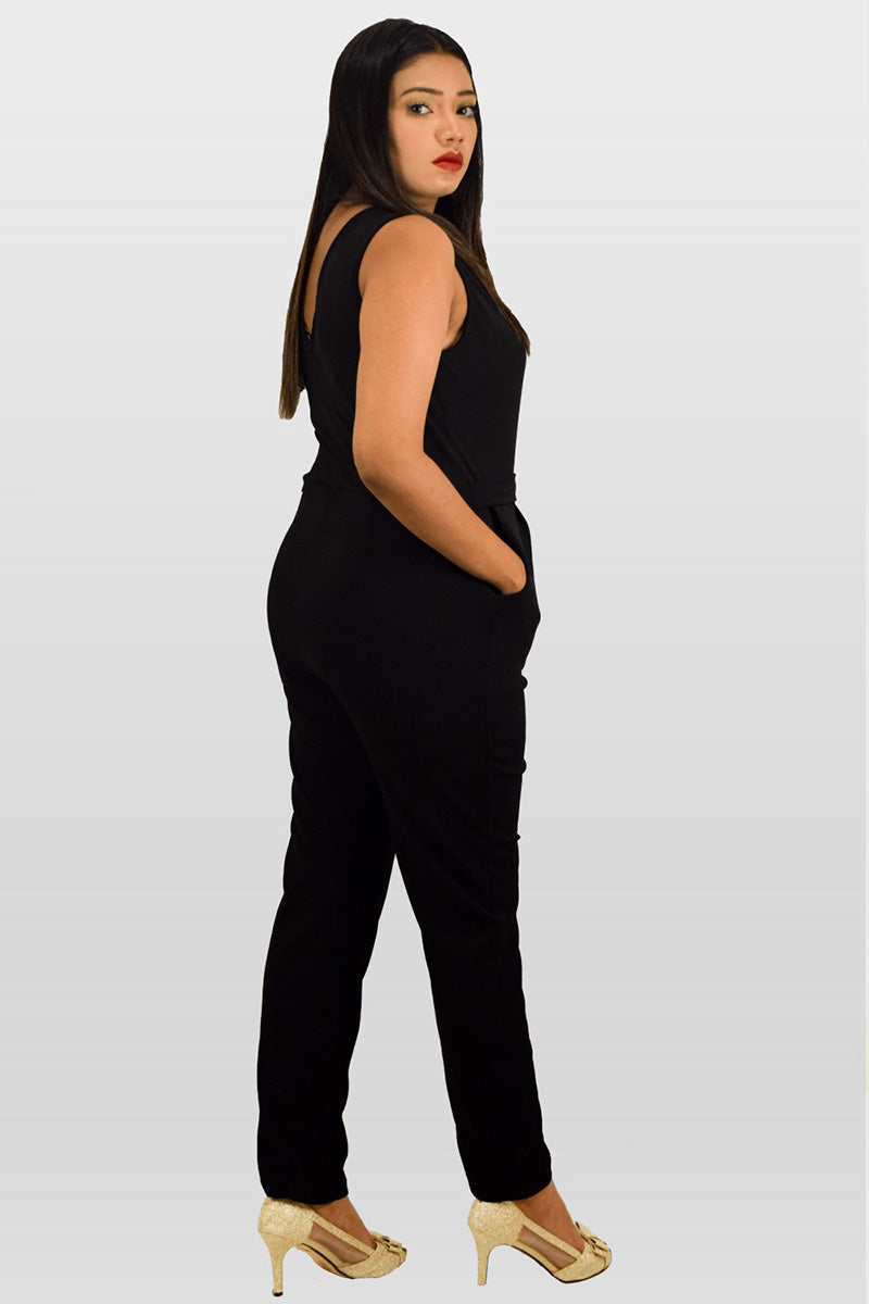 V Neck Belted jumpsuit Black