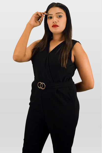 V Neck Belted jumpsuit Black