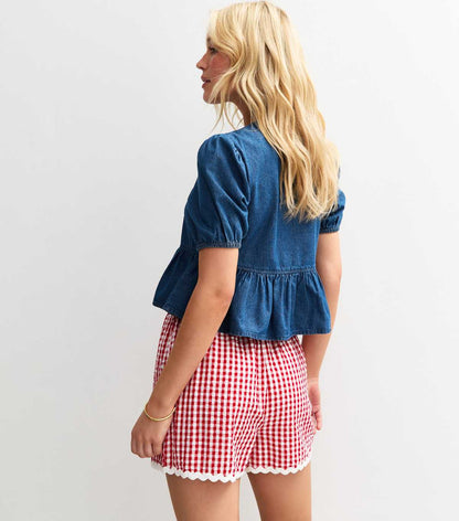 Blue Short Sleeve Tie Front Denim Top