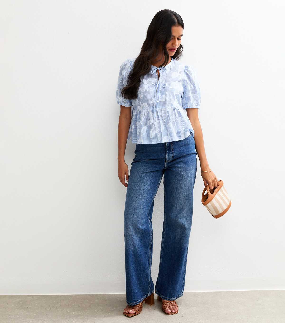 Blue Stripe Jacquard Tie Front Top