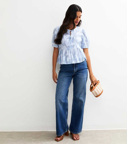 Blue Stripe Jacquard Tie Front Top