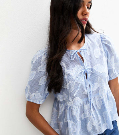 Blue Stripe Jacquard Tie Front Top