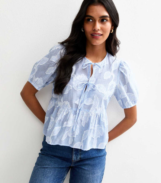Blue Stripe Jacquard Tie Front Top