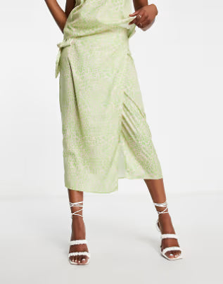 Satin Wrap Midi Skirt Co-ord In Bright Leopard Print