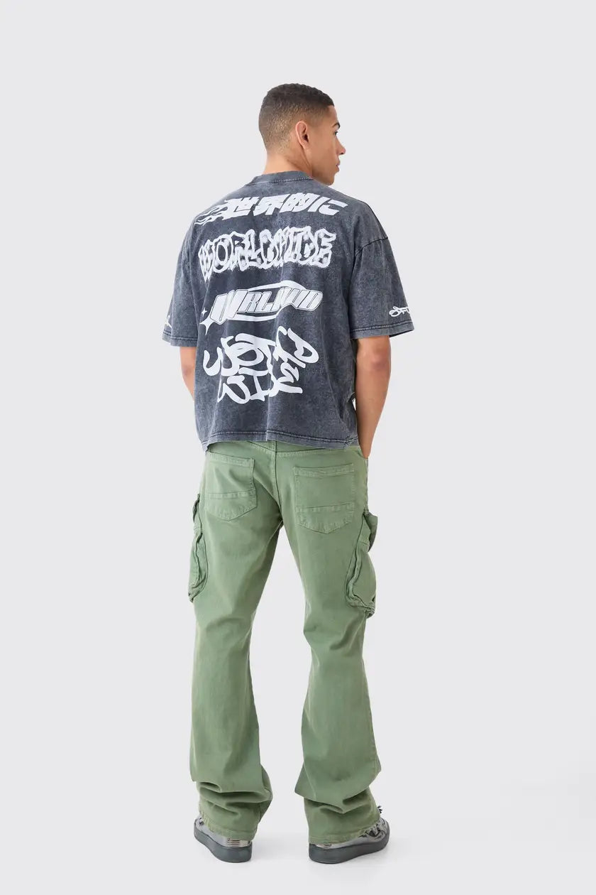 Tall Relaxed Flare Rigid Washed Ripped Cargo Jean Sage