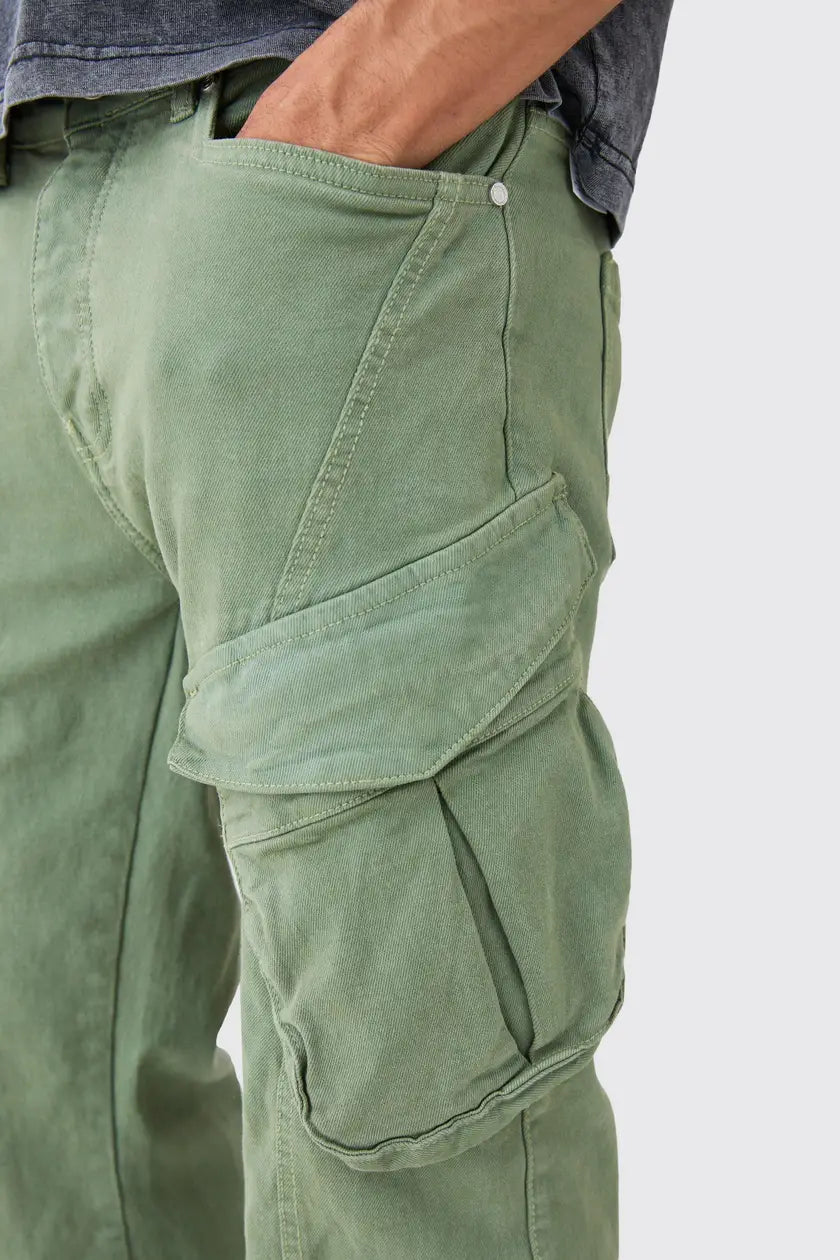 Tall Relaxed Flare Rigid Washed Ripped Cargo Jean Sage