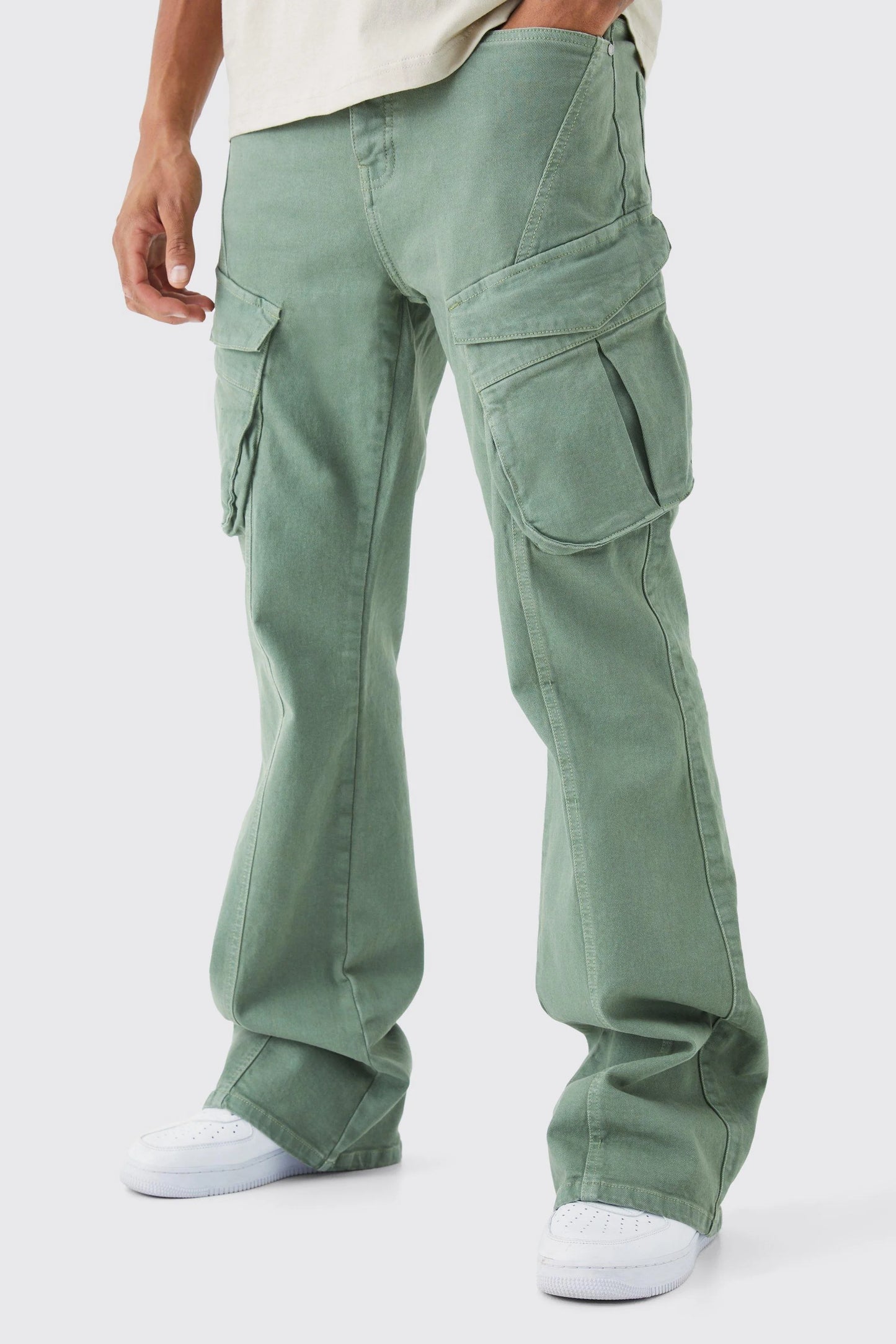 Tall Relaxed Flare Rigid Washed Ripped Cargo Jean Sage