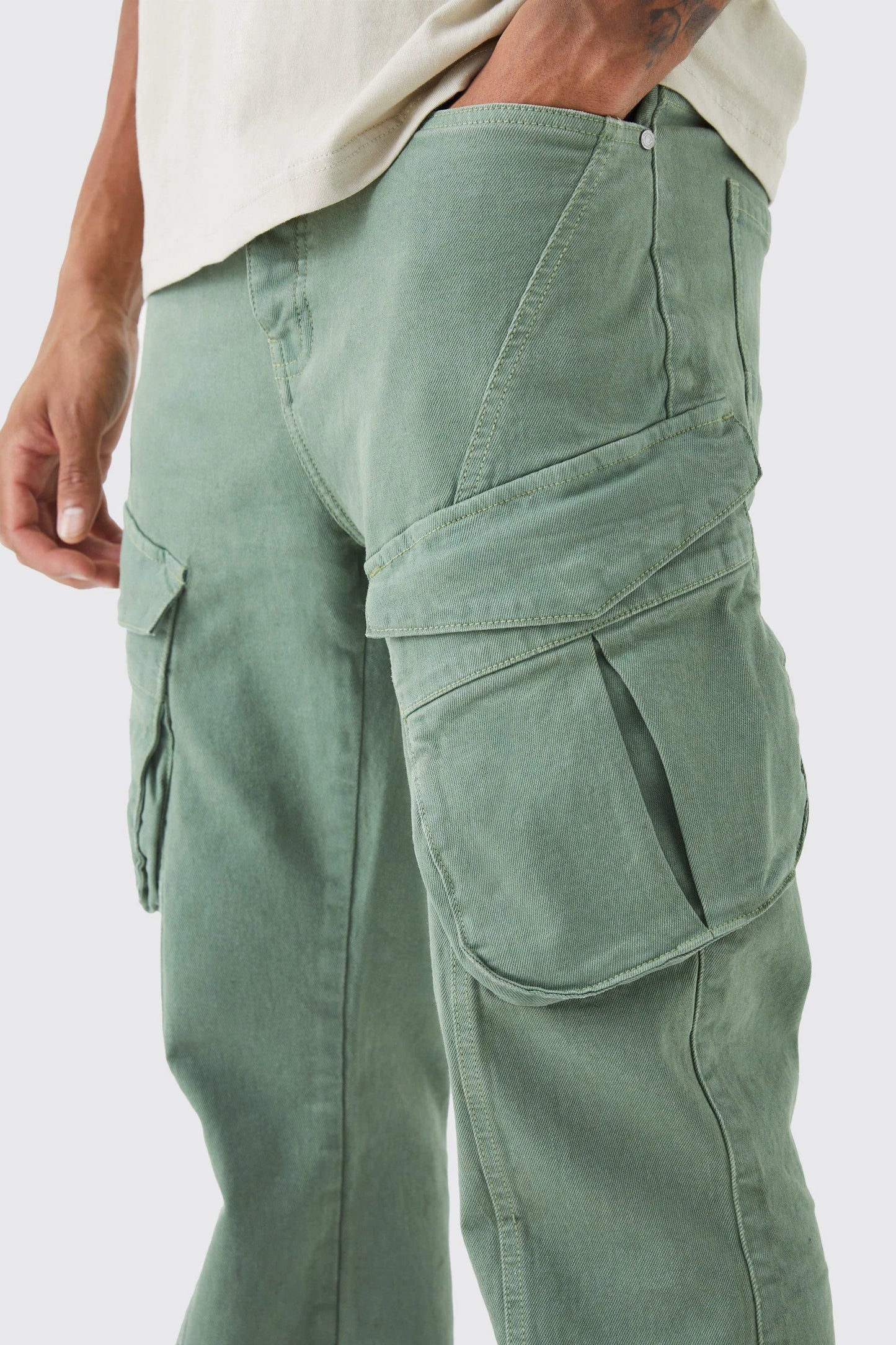 Tall Relaxed Flare Rigid Washed Ripped Cargo Jean Sage