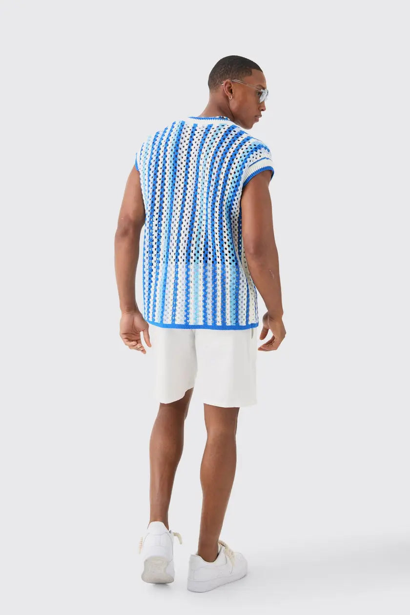 Boxy Oversized Open Stitch V Neck Vest