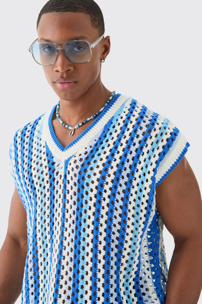 Boxy Oversized Open Stitch V Neck Vest