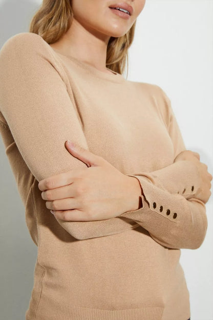 Button Cuff Knitted Jumper Camel