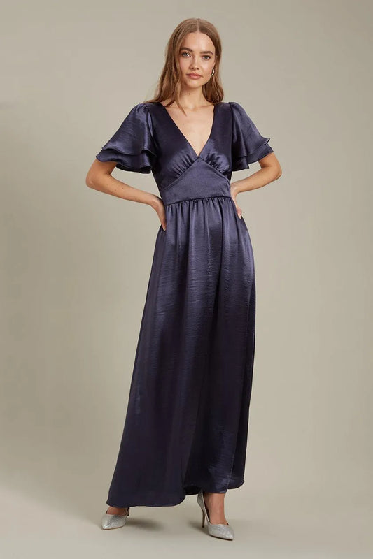 Satin Frill Sleeve Maxi Dress Navy