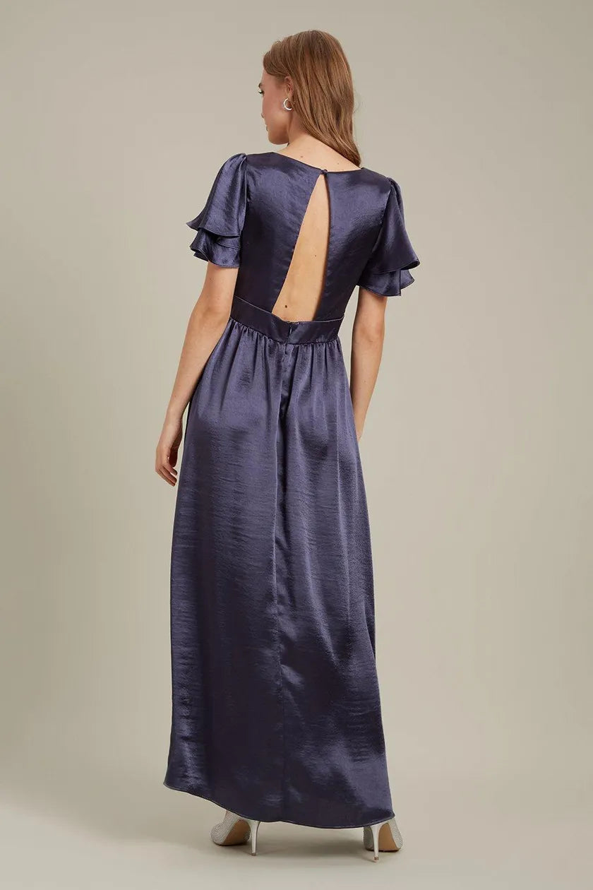 Satin Frill Sleeve Maxi Dress Navy