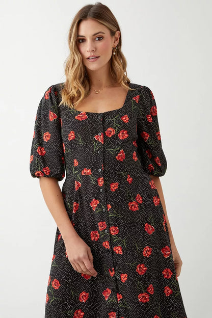 Black Spot Floral Button Through Midi Dress