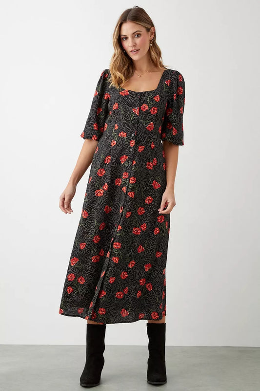 Black Spot Floral Button Through Midi Dress