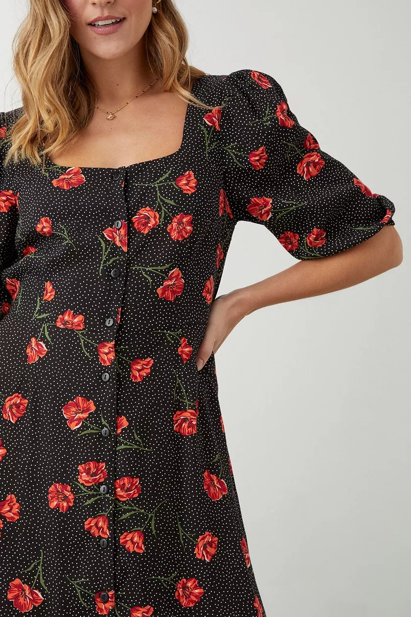 Black Spot Floral Button Through Midi Dress