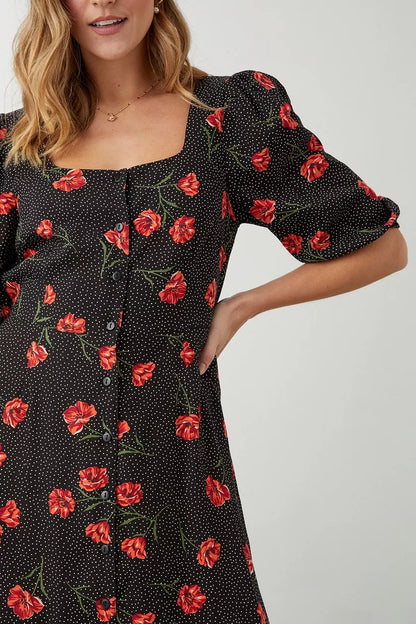 Black Spot Floral Button Through Midi Dress