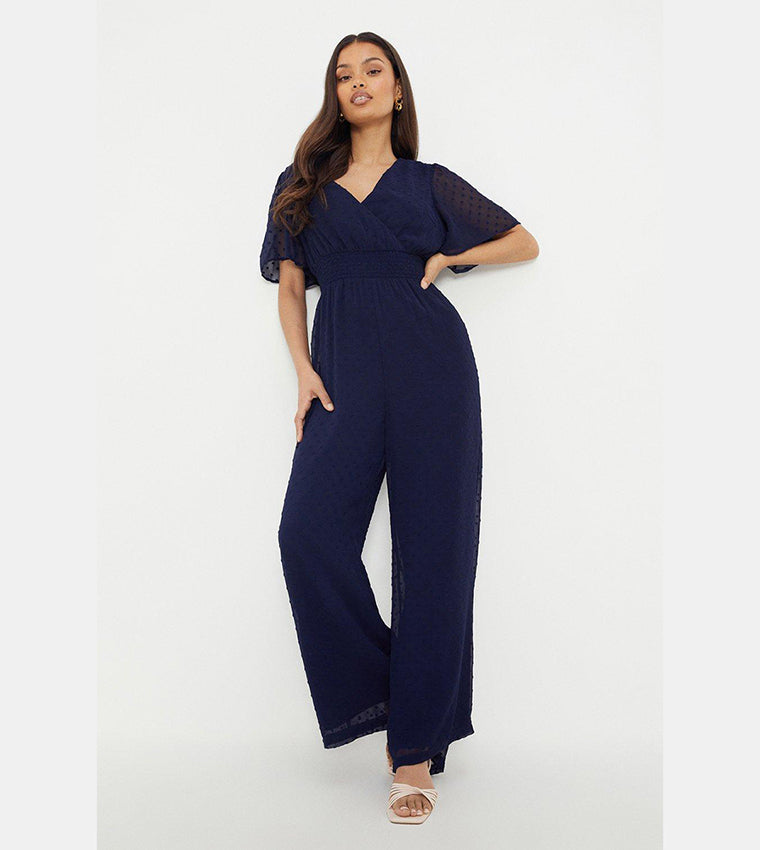 Crepe Shirred Waist Wide Leg Jumpsuit Navy