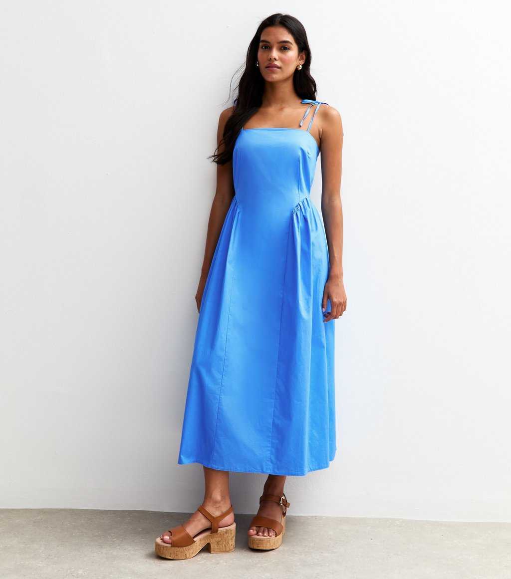 Bright Blue Poplin Tie Strap Midi Dress
