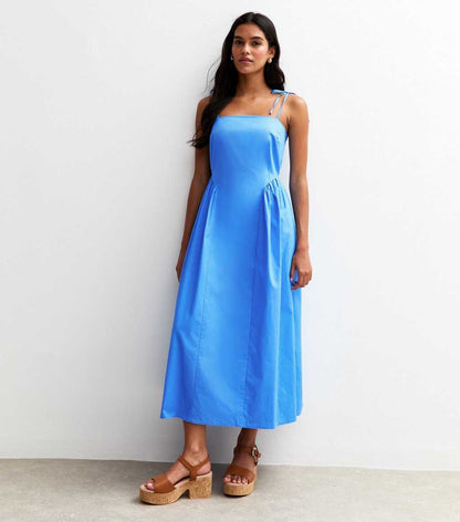Bright Blue Poplin Tie Strap Midi Dress