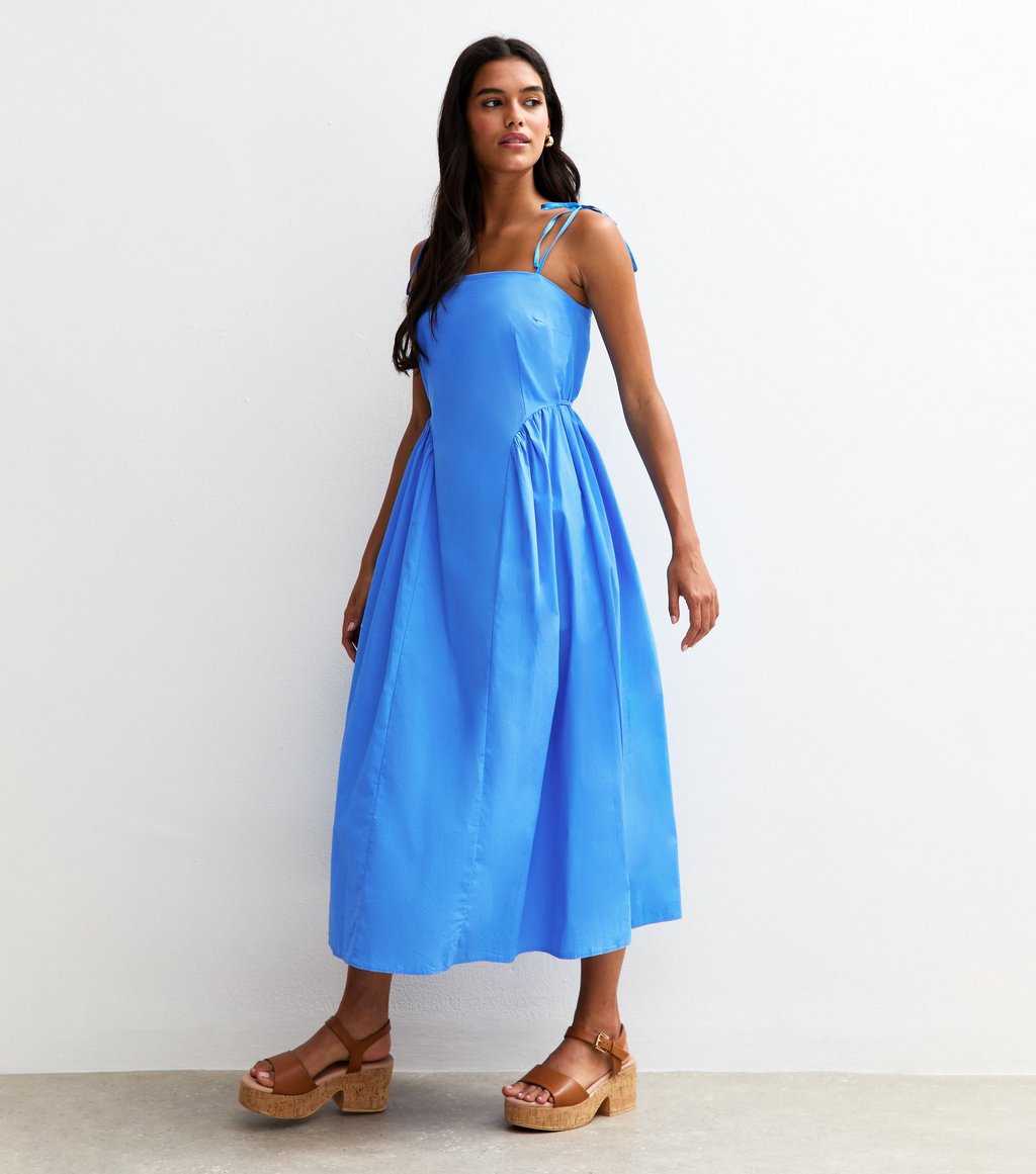 Bright Blue Poplin Tie Strap Midi Dress