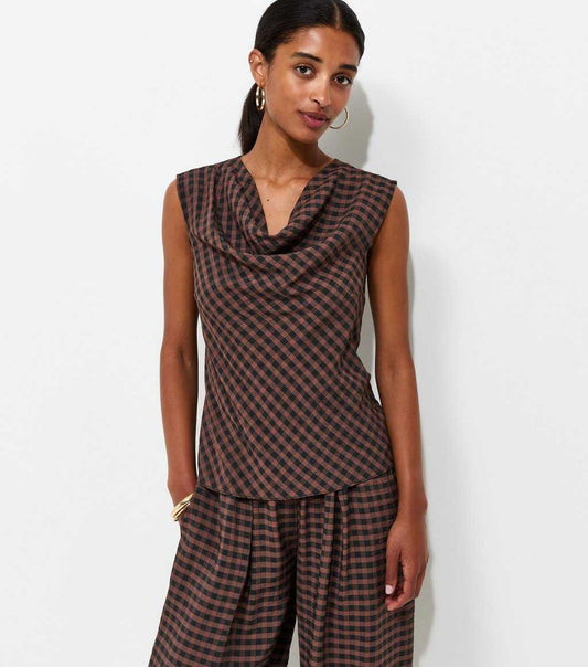 Brown Check Pattern Cowl Neck Woven Top