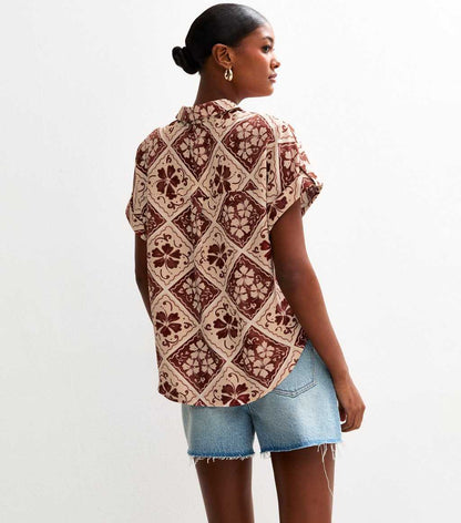 Brown Hibiscus Tile Print Short Sleeve Resort Shirt