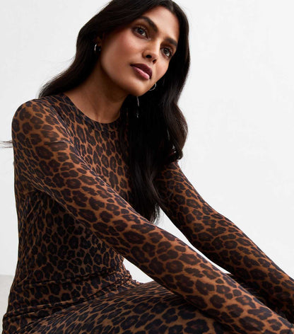 Brown Leopard Print Long Sleeve Midi Dress