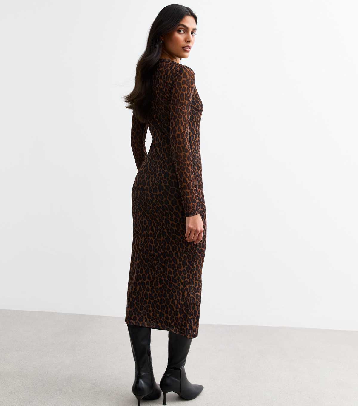 Brown Leopard Print Long Sleeve Midi Dress