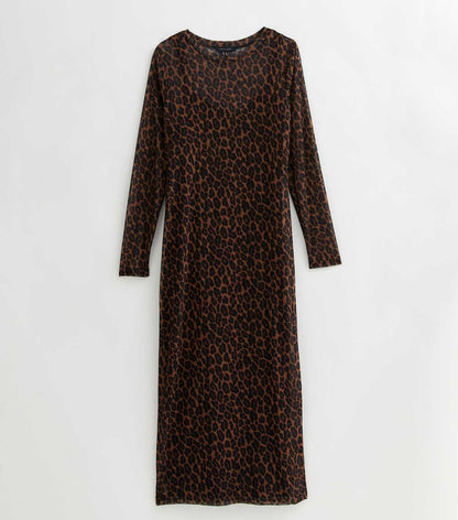 Brown Leopard Print Long Sleeve Midi Dress