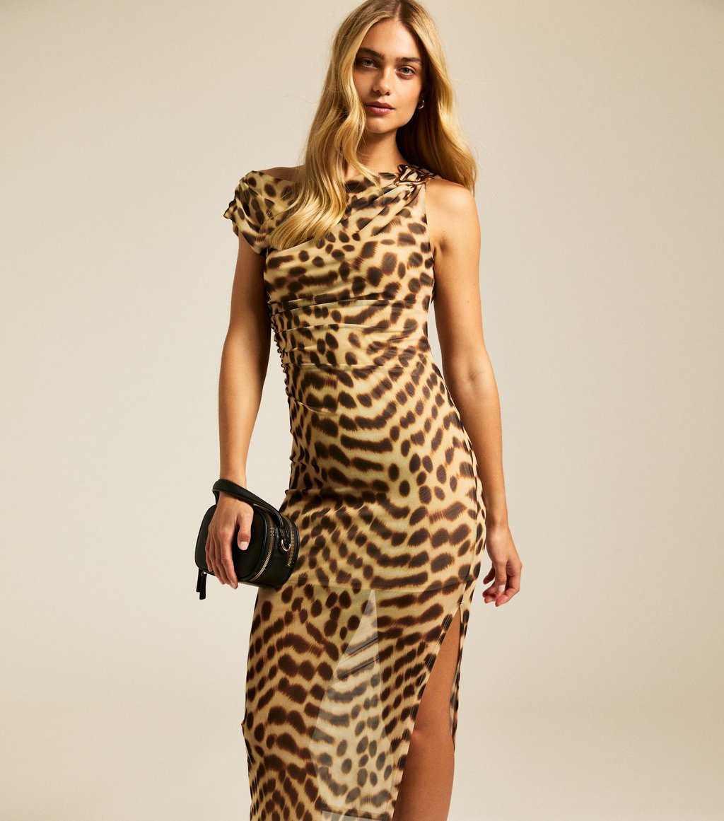 Brown Leopard Print One Shoulder Midi Dress