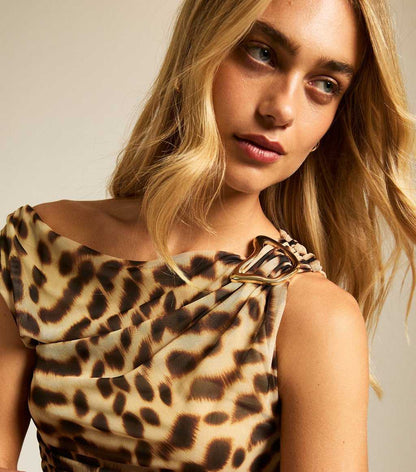 Brown Leopard Print One Shoulder Midi Dress