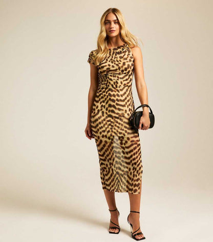 Brown Leopard Print One Shoulder Midi Dress