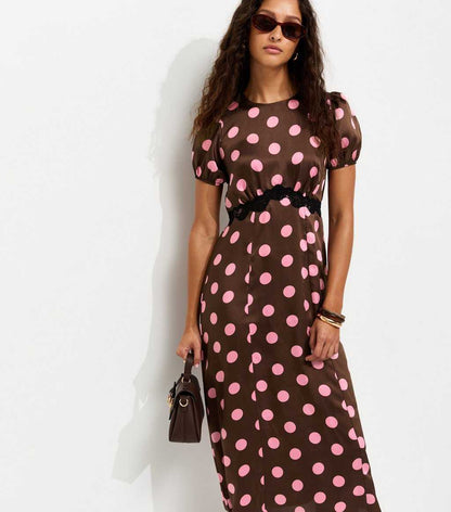 Brown Satin Polkadot Puff Sleeve Midi Dress