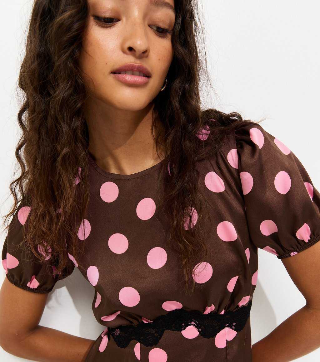 Brown Satin Polkadot Puff Sleeve Midi Dress