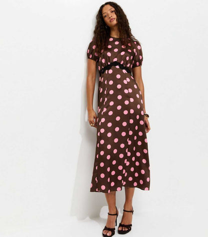 Brown Satin Polkadot Puff Sleeve Midi Dress