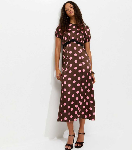 Brown Satin Polkadot Puff Sleeve Midi Dress