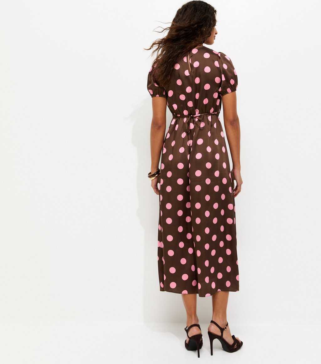 Brown Satin Polkadot Puff Sleeve Midi Dress