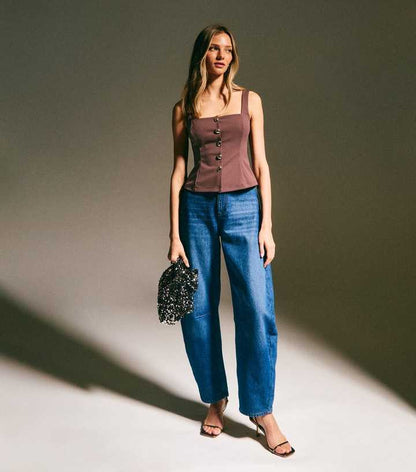 Brown Square Neck Button Up Top