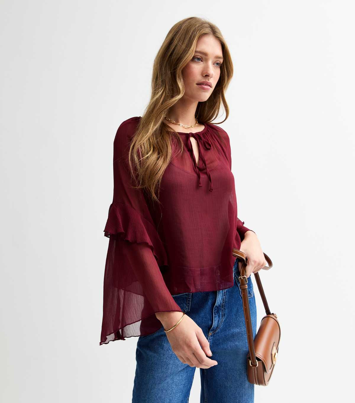 Burgundy Flared Sleeve Tie Neck Chiffon Blouse