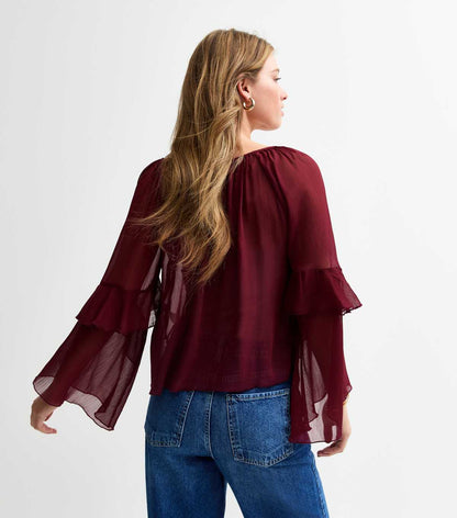 Burgundy Flared Sleeve Tie Neck Chiffon Blouse
