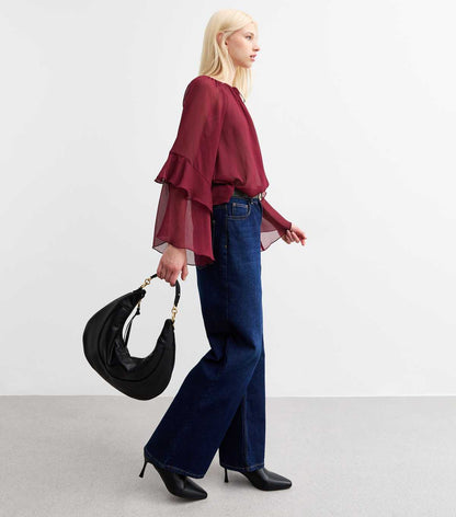 Burgundy Flared Sleeve Tie Neck Chiffon Blouse