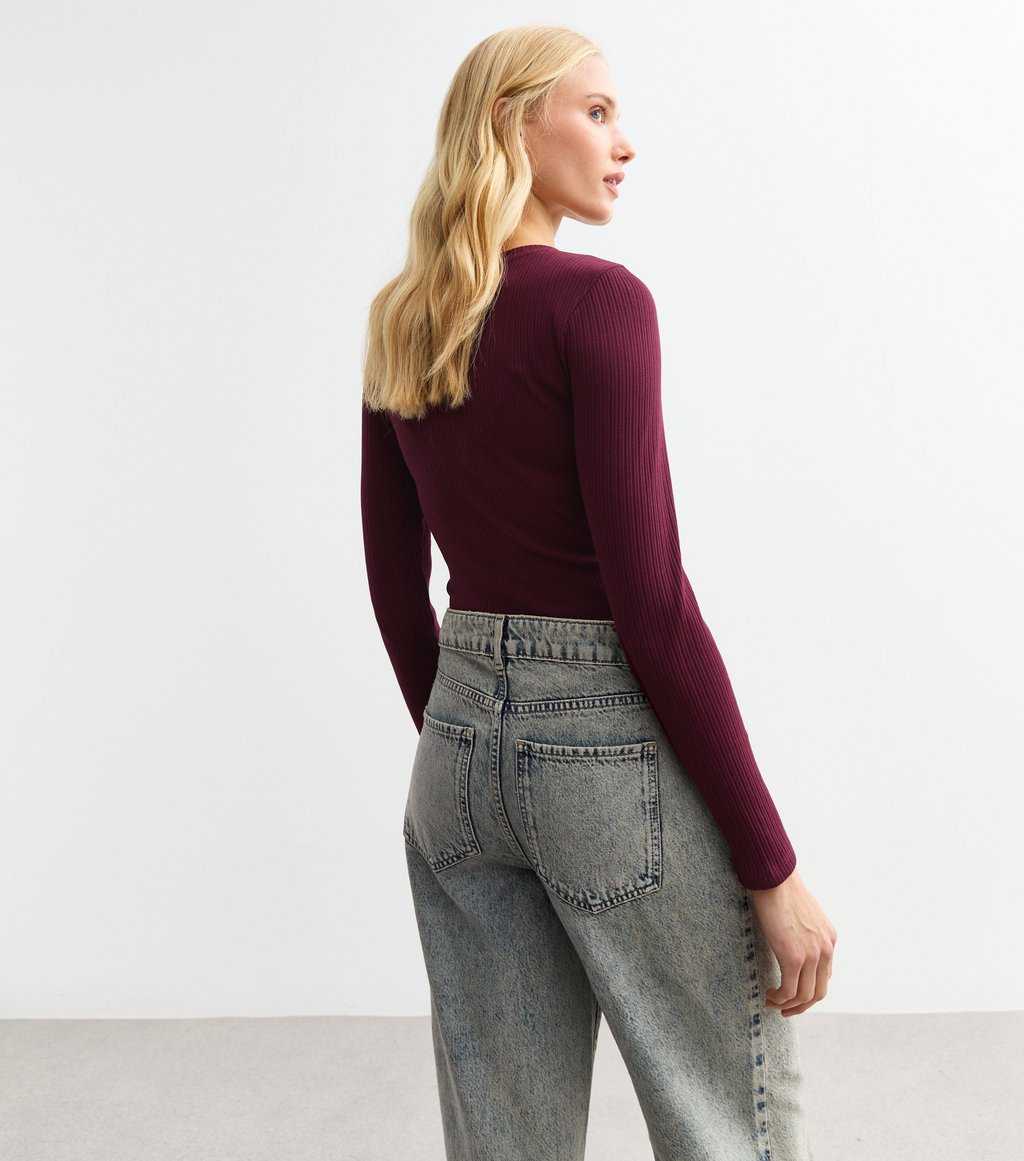 Burgundy Ribbed Cotton Blend Crew Neck Bodysuit