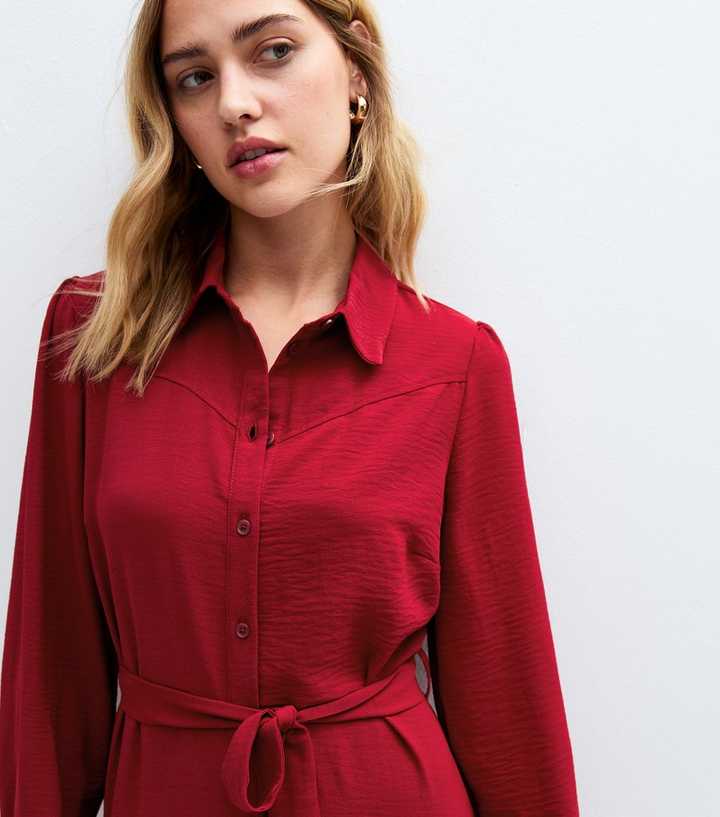 Burgundy Western Tiered Midi Shirt Dress