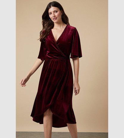 Tall Velvet Wrap Midi Dress Burgundy Red