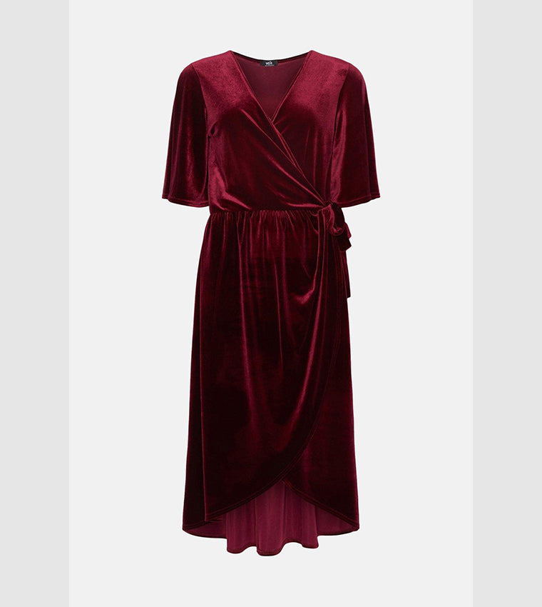 Tall Velvet Wrap Midi Dress Burgundy Red