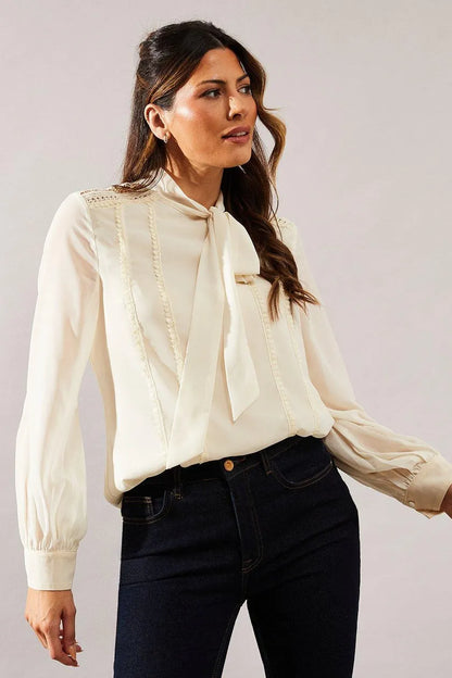 Occasion Tie Neck Lace Trim Blouse