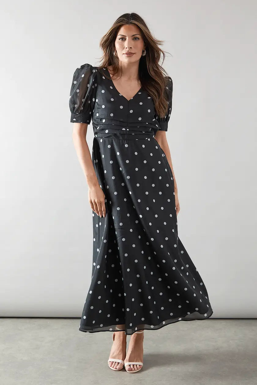 Spot Organza Ruched Front Midaxi Dress