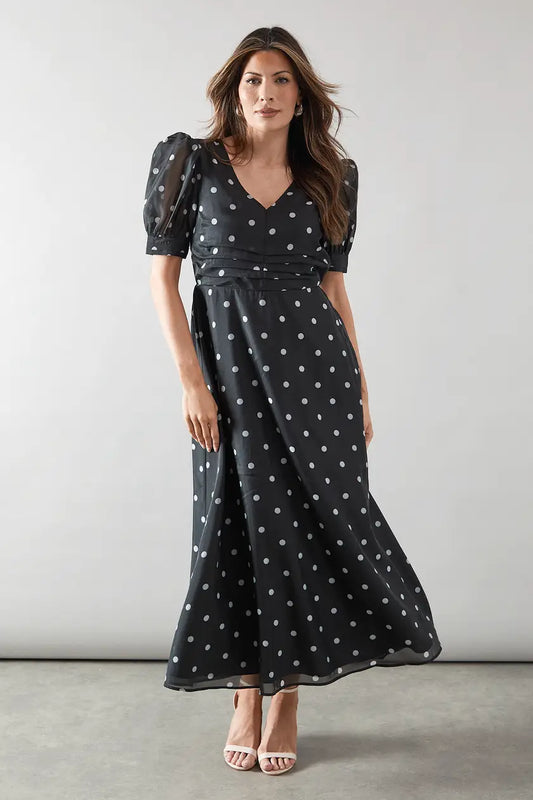 Spot Organza Ruched Front Midaxi Dress